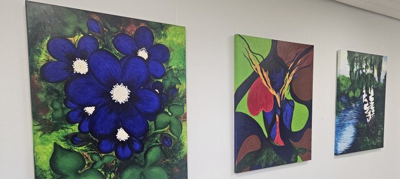 Auf dem Bild sind einige Bilder der Ausstellung "Hauskunst 3" im Rehauer Rathaus zu sehen.