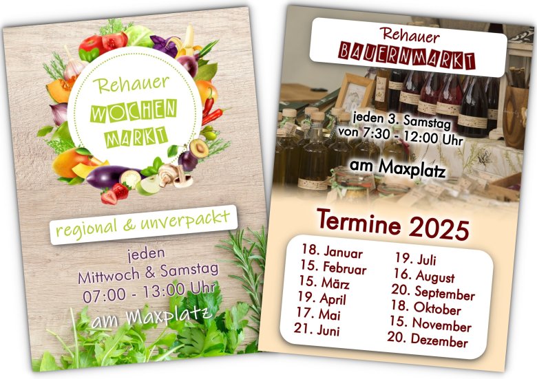 Die Grafik zeigt zwei Flyer: Wochenmarkt mittwochs und samstags von 7-13 Uhr und Bauernmarkt am 3. Samstag im Monat von 7:30-12 Uhr