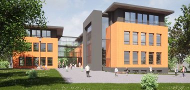 Das Bild zeigt eine Visualisierung, wie der Bauteil H des Schulzentrums nach der Sanierung aussehen soll.