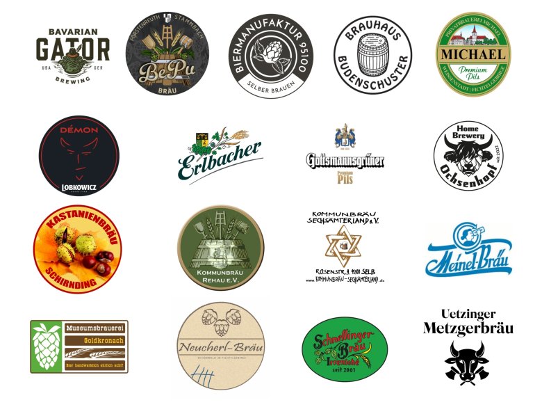 Die Grafik zeigt verschiedene Logos der teilnehmenden Brauereien zum Bayerisch-Tschechischen Bierfestival im Mai 2026 in Rehau.