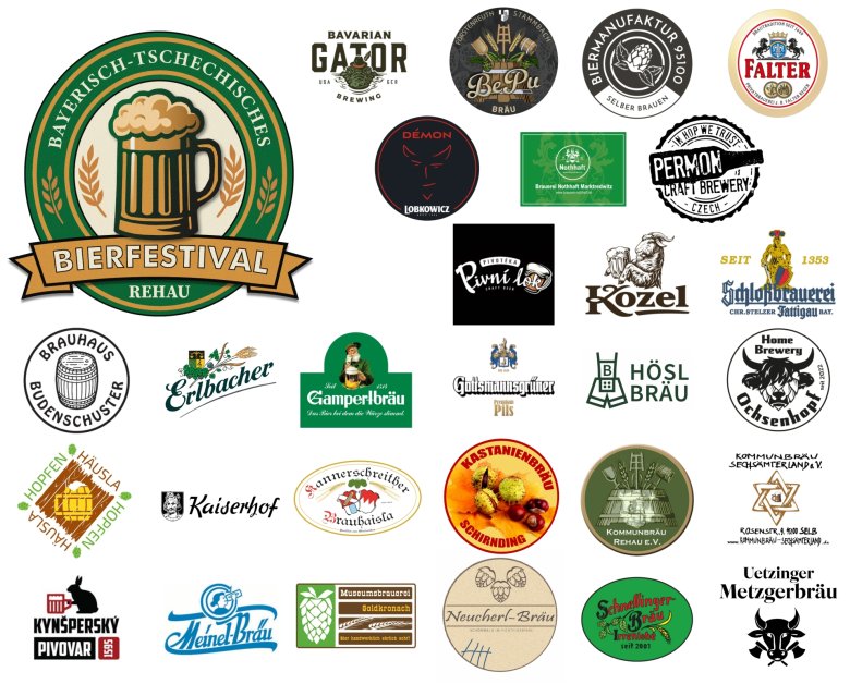 Die Grafik zeigt verschiedene Logos der teilnehmenden Brauereien zum Bayerisch-Tschechischen Bierfestival im Mai 2026 in Rehau.