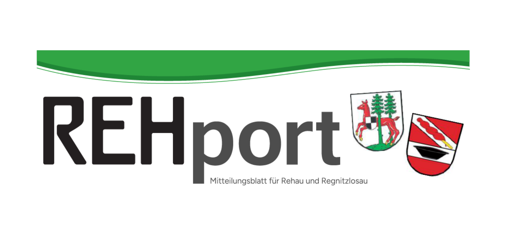 Die Grafik zeigt den oberen Teil der Titelseite des REHports: Mitteilungsblatt von Rehau und Regnitzlosau.
