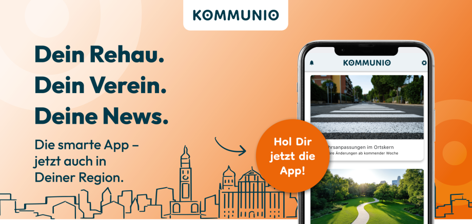 Auf der Grafik ist rechts ein Handy zu sehen, auf welchem die Kommunio-App geöffnet ist. Es handelt sich um eine Werbegrafik für Kommunio.