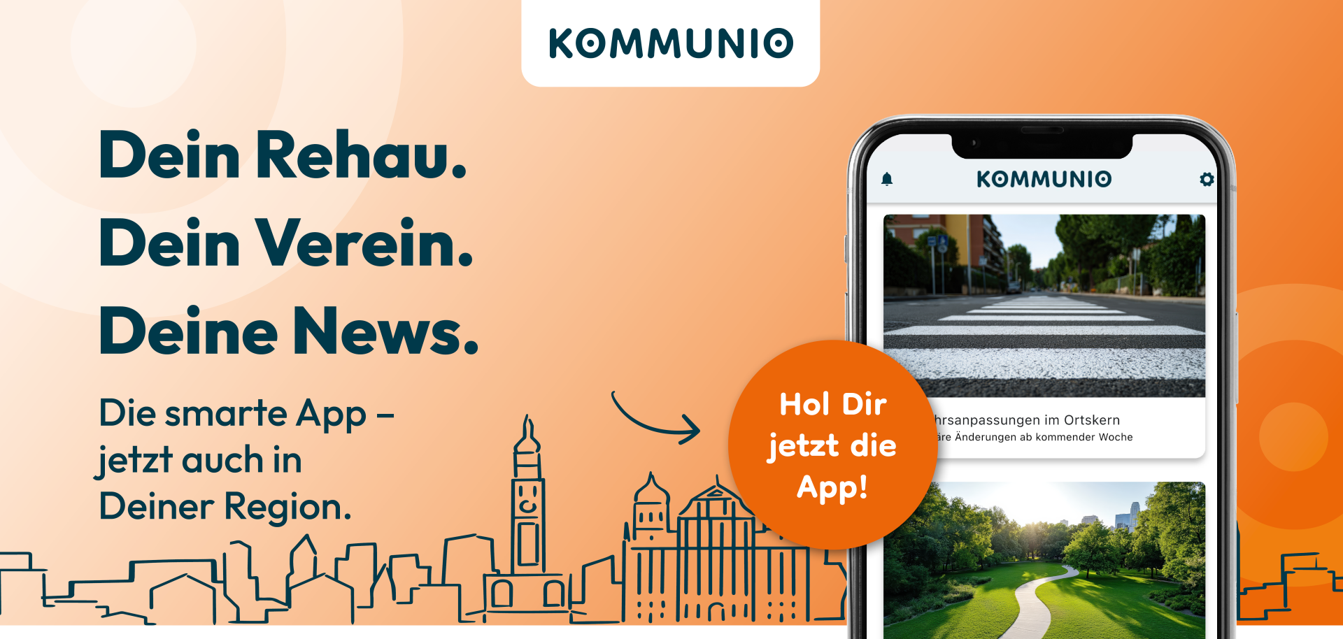 Auf der Grafik ist rechts ein Handy zu sehen, auf welchem die Kommunio-App geöffnet ist. Es handelt sich um eine Werbegrafik für Kommunio.