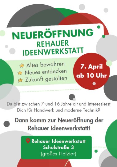Die Grafik zeigt einen Ausschnitt des Flyers zur Neueröffnung der Ideenwerkstatt am 07.04.2026.