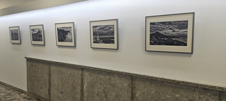 Auf dem Bild sind Bilder aus der aktuellen Fotoausstellung im Rehauer Rathaus zu sehen.