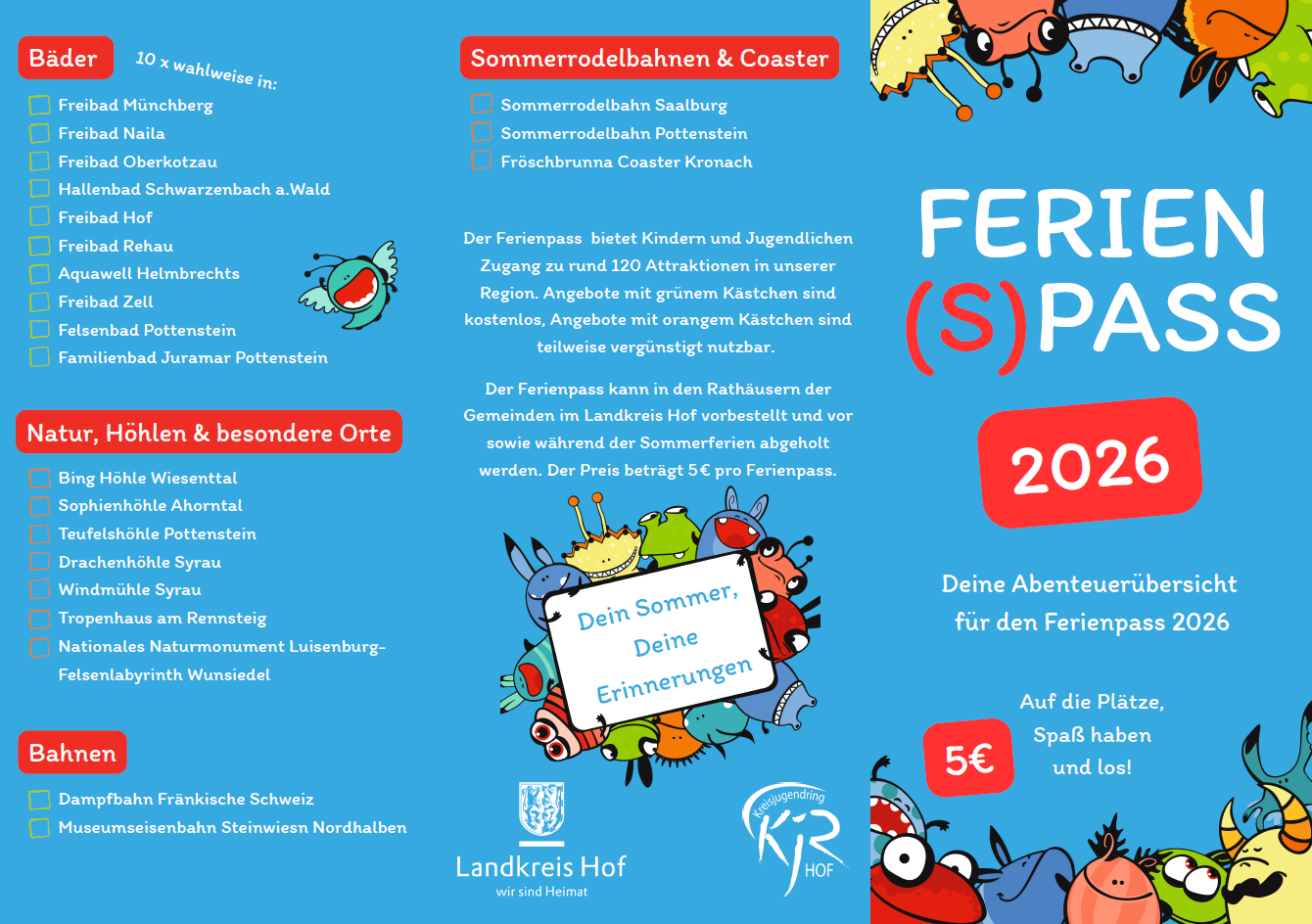 Das Bild zeigt eine blaue Grafik des Ferien(s)passes, auf welcher die enthaltenen Angebote aufgelistet sind.