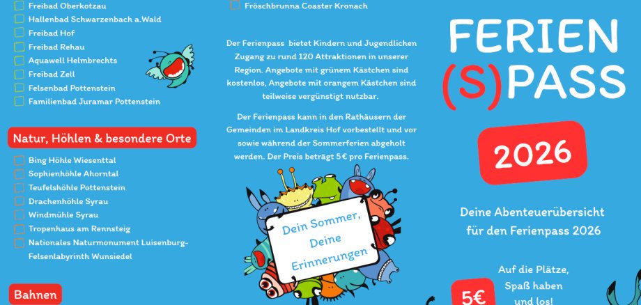 Das Bild zeigt eine blaue Grafik des Ferien(s)passes, auf welcher die enthaltenen Angebote aufgelistet sind.