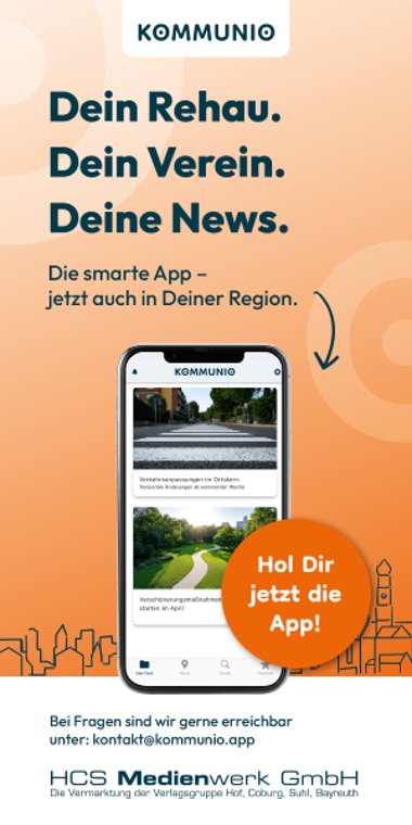 Das Bild ist eine Werbegrafik zur Kommunio-App- Darauf steht unter anderem geschrieben "Dein Rehau. Dein Verein. Deine News." Darunter ist ein Handy, auf welchem die App gerade geöffnet ist, zu erkennen.