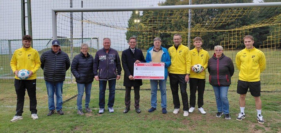 Auf dem Bild bei der symbolischen Scheckübergabe vor dem Ballfangzaun von links zu sehen: Maxi Ziesmann, Peter Rameckers, Sabine Kühnel, Roberto Sachse (2. Vorstand SGV Pilgramsreuth), Bürgermeister Michael Abraham, Spielleiter Horst Lüdtke, Trainer Guido Baumgärtner, Paul Baumgärtner, Christa Rameckers und Paul Michel.