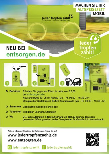 Die Grafik zeigt einen grünen Flyer zum Thema Entsorgung von Altöl. Enthalten sind verschiedene Informationen, wie zB. Wo man sich einen Behälter holen kann, was alles in dem Behälter gesammelt und abgegeben werden sollte und wo sich der Rücknahmeautomat befindet.