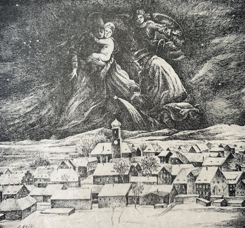 Das Bild zeigt ein Gemälde des Porzellanmalers Carl Grimm. Auf diesem Bild wird eine Rehauer Rauhnacht dargestellt