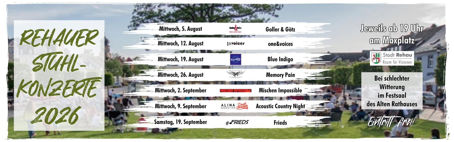 Die Grafik zeigt im Hintergrund ein Bild von einem vergangenen Stuhlkonzert. Im Vordergrund sind alle Bands aufgeführt, die in diesem Jahr auftreten.