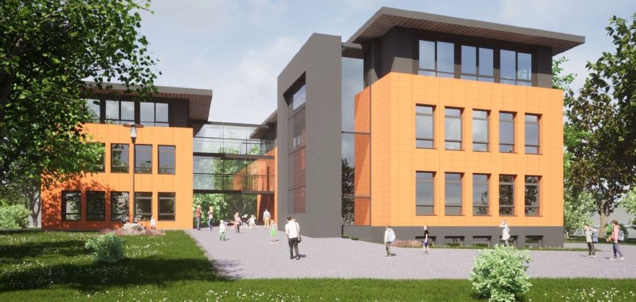 Das Bild zeigt eine Visualisierung, wie der Bauteil H des Schulzentrums nach der Sanierung aussehen soll.