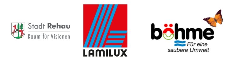Das Bild zeigt die Logos der Sponsoren des Spendenlaufs: Stadt Rehau, LAMILUX und böhme-Für eine saubere Umwelt.