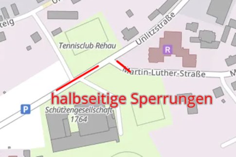 Das Bild zeigt einen Kartenausschnitt mit Straßensperrungen