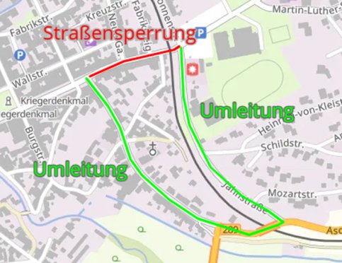 Das Bild zeigt einen Kartenausschnitt mit einer Straßensperrung