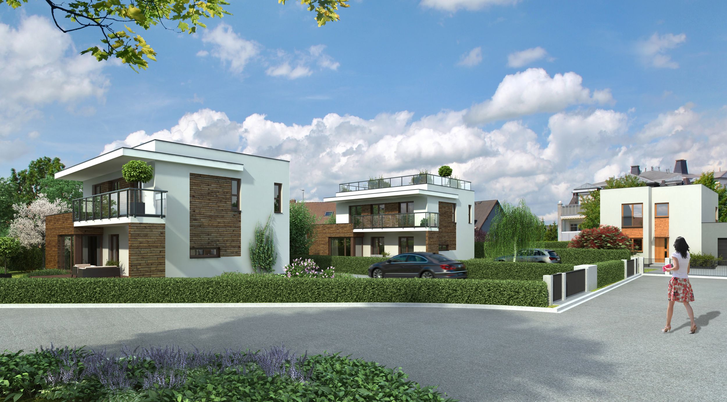 Das Bild zeigt eine Online-Darstellung von einem Wohngebiet, wie es in der Zukunft aussehen könnte. Konkret sind moderne Einfamilienhäuser zu sehen.