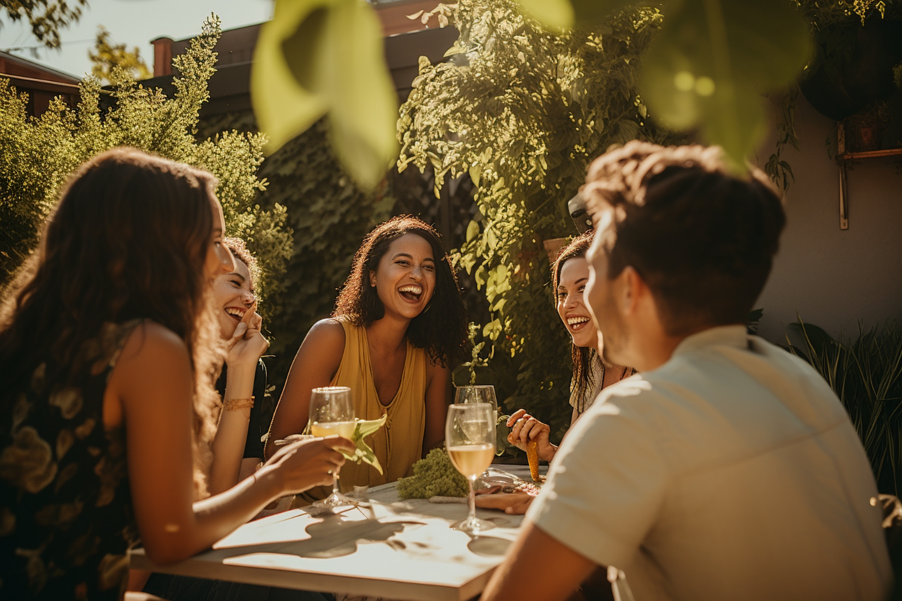 Das Bild zeigt fünf Personen, welche bei offensichtlich warmen Temperaturen auf einer Terrasse gemeinsam an einem Tisch sitzen und Wein trinken. Sie sind umgeben von vielen Pflanzen.