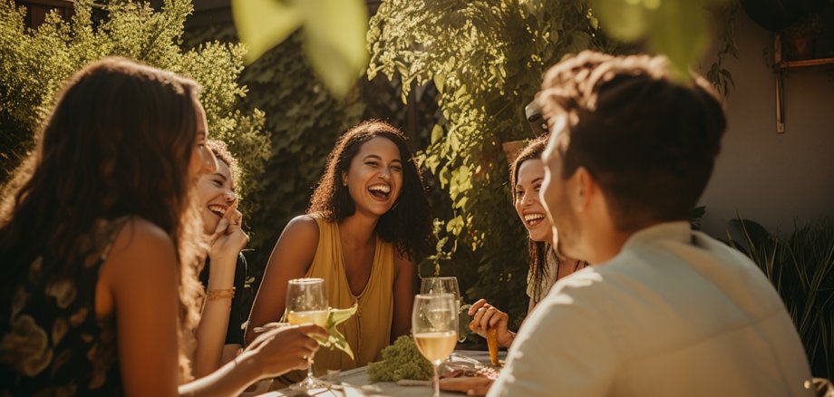 Das Bild zeigt fünf Personen, welche bei offensichtlich warmen Temperaturen auf einer Terrasse gemeinsam an einem Tisch sitzen und Wein trinken. Sie sind umgeben von vielen Pflanzen.