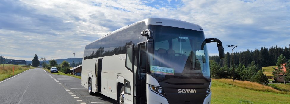 Das Bild zeigt einen weißen Reisebus, welcher seine Türen gerade geöffnet hat und neben einer Straße platziert ist. Rechts ist eine Wiese zu erkennen, im Hintergrund auch einige wenige Anwesen.