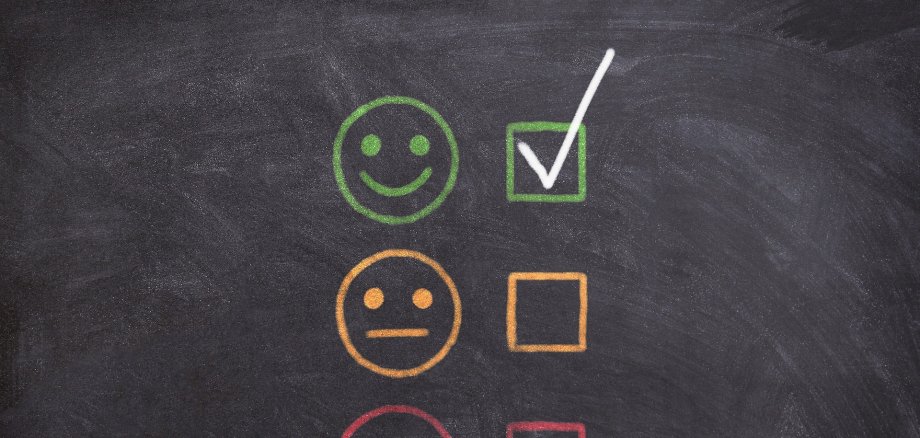 Das Bild zeigt eine Tafel, auf welchem drei Smileys aufgemalt sind: Oben ein grünes, lachendes Gesicht, mittig ein neutrales, gelbes Gesicht und unten ein rotes, trauriges Gesicht. Daneben befinden sich Kästchen um mit einem Häkchen das gewünschte Gesicht zu wählen. Oben ist ein weißer Haken in dem Kästchen bei dem grünen Smiley.