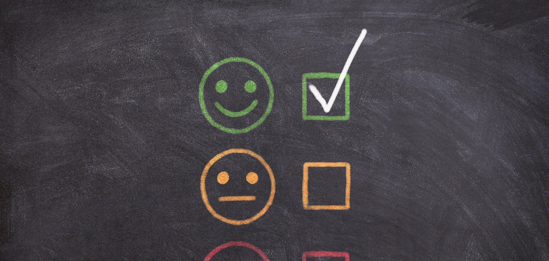 Das Bild zeigt eine Tafel, auf welchem drei Smileys aufgemalt sind: Oben ein grünes, lachendes Gesicht, mittig ein neutrales, gelbes Gesicht und unten ein rotes, trauriges Gesicht. Daneben befinden sich Kästchen um mit einem Häkchen das gewünschte Gesicht zu wählen. Oben ist ein weißer Haken in dem Kästchen bei dem grünen Smiley.