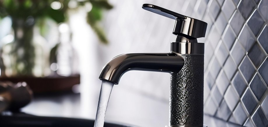Auf dem Bild ist ein Wasserhahn an einem Waschbecken zu sehen, der gerade aufgedreht ist.