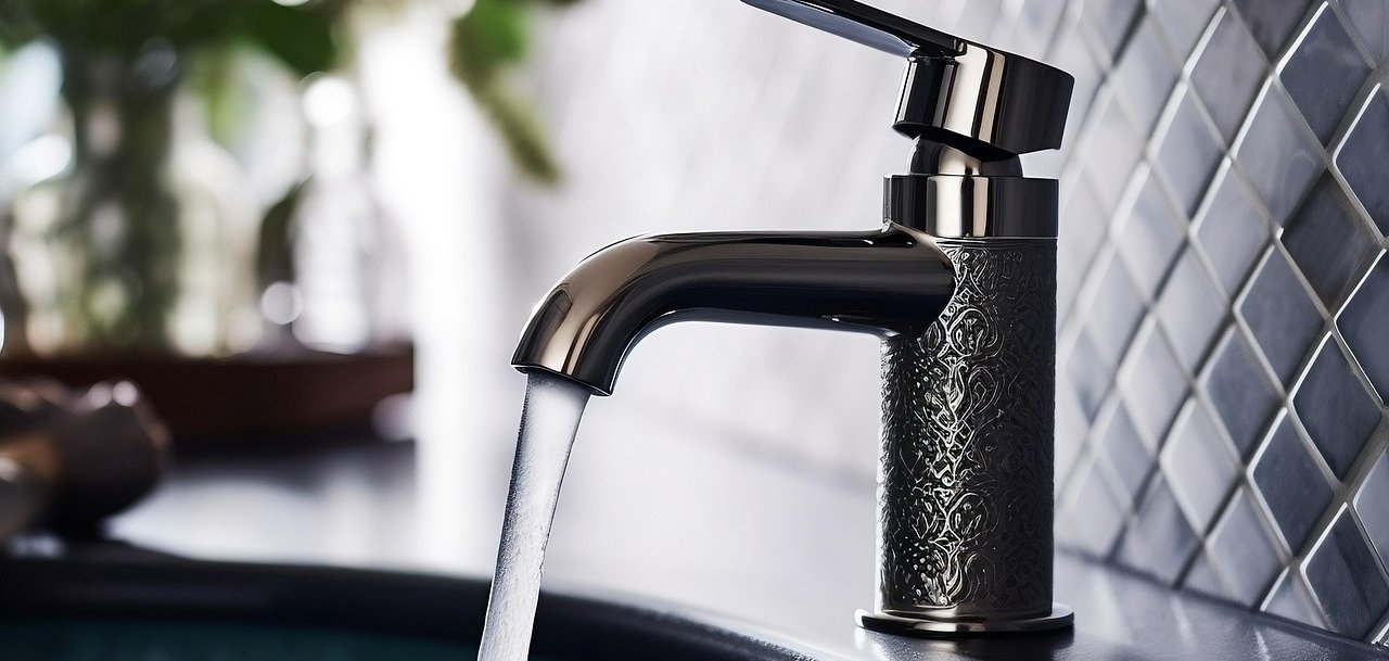 Auf dem Bild ist ein Wasserhahn an einem Waschbecken zu sehen, der gerade aufgedreht ist.