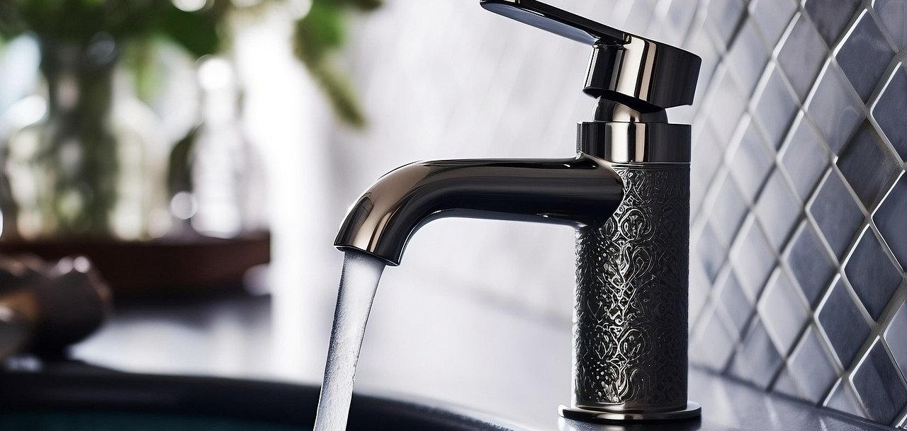 Auf dem Bild ist ein Wasserhahn an einem Waschbecken zu sehen, der gerade aufgedreht ist.