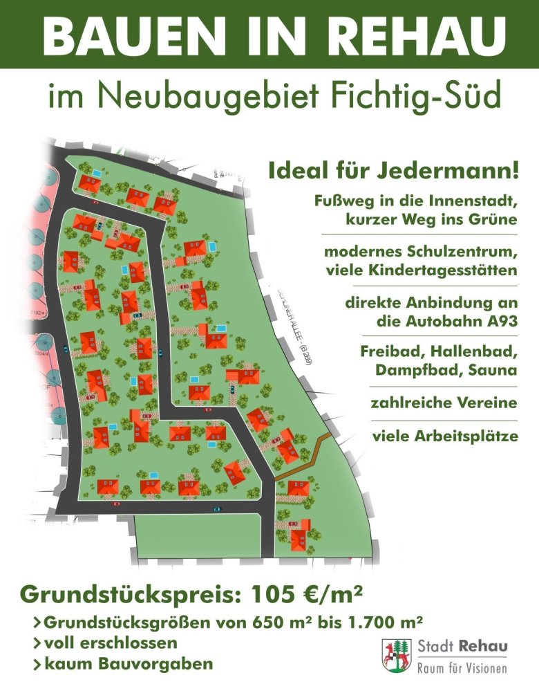 Die Grafik zeigt mittig einen Plan des Neubaugebiets Fichtig-Süd sowie allerlei Informationen dazu.