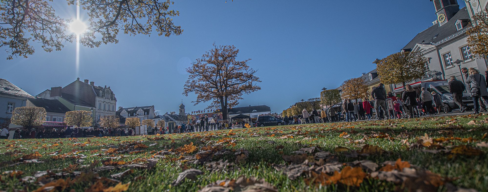Das Bild zeigt einen vergangenen Herbstmarkt. Das Foto wurde ziemlich tief aufgenommen, sodass die Wiese mit dem Laub vordergründig zu sehen sind.