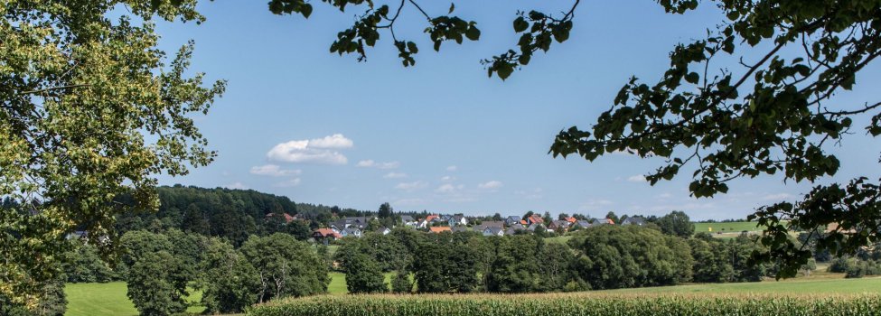 Das Bild zeigt vordergründig Felder, im Hintergrund ist das Wohngebiet "Am Schild" zu erkennen.