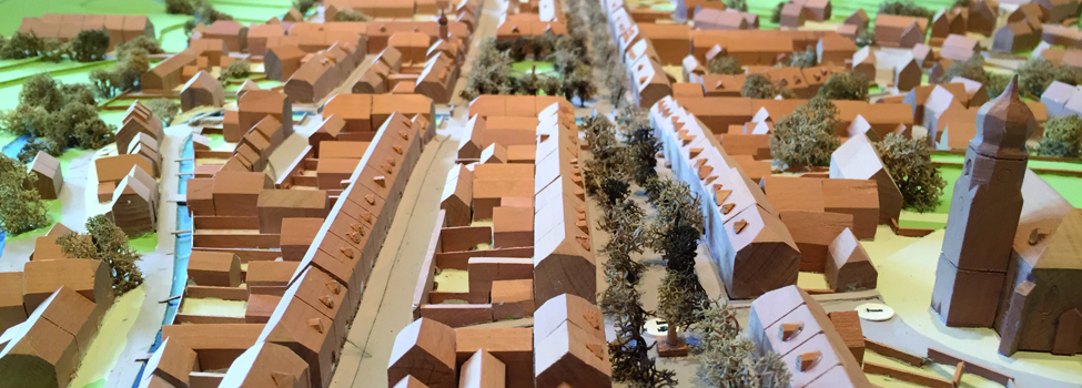 Das Bild zeigt ein Stadtmodell von Rehau. Konkret ist die gerade Achse der Kirche bis zum Maxplatz zu erkennen.