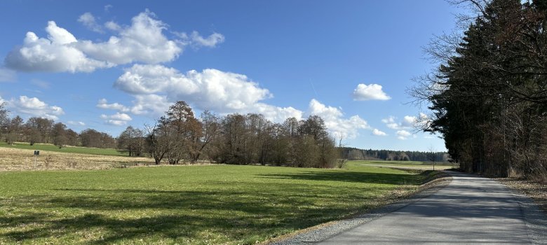 Das Bild zeigt die neu geteerte Perlenroute von Rehau kommend in Richtung Eulenhammer an einem schönen Herbsttag.