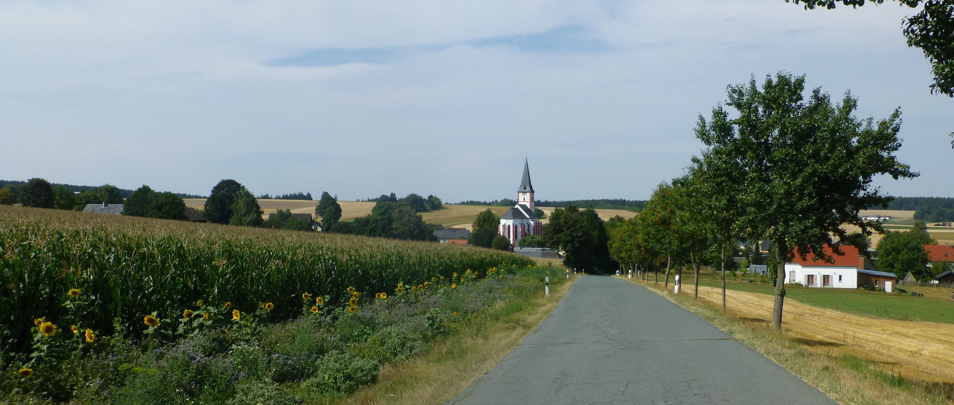 Das Bild zeigt Pilgramsreuth von einigen Metern entfernt. Es wurde auf der Straße von Fohrenreuth kommend aufgenommen und zeigt einige Häuser sowie natürlich die Kirche von Pilgramsreuth.