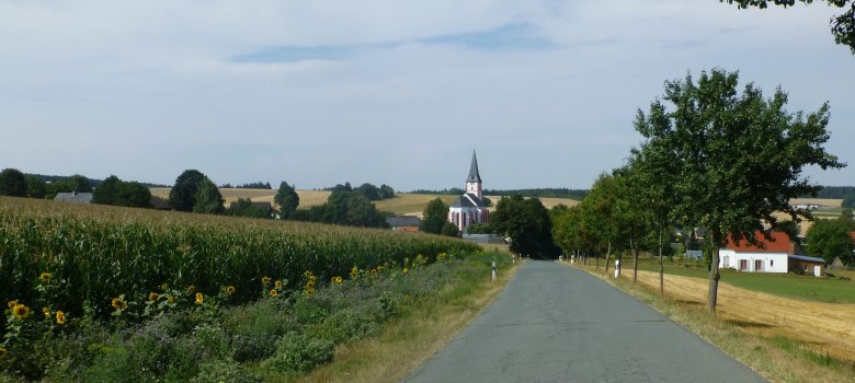 Das Bild zeigt Pilgramsreuth von einigen Metern entfernt. Es wurde auf der Straße von Fohrenreuth kommend aufgenommen und zeigt einige Häuser sowie natürlich die Kirche von Pilgramsreuth.