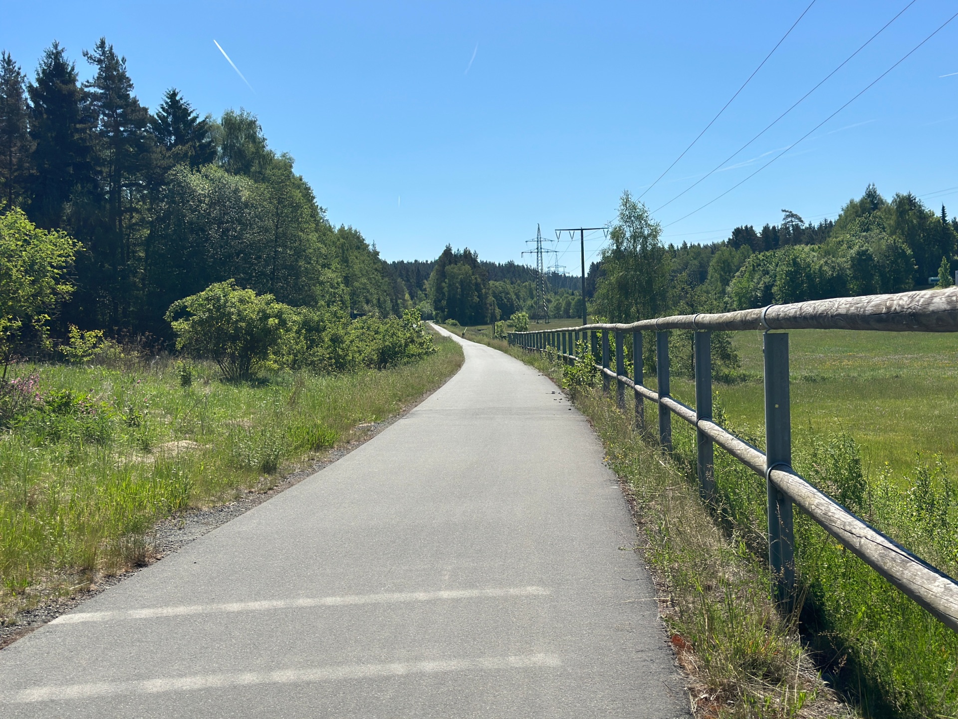 Auf dem Bild ist ein Fahrradweg zu sehen, welcher parallel zu einer Straße verläuft. Im Hintergrund sind Bäume zu sehen, rechts ist eine große Wiese.