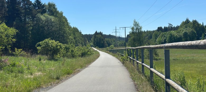 Auf dem Bild ist ein Fahrradweg zu sehen, welcher parallel zu einer Straße verläuft. Im Hintergrund sind Bäume zu sehen, rechts ist eine große Wiese.
