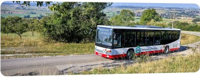 Auf dem Foto ist ein Linienbus des Verkehrsverbundes Großraum Nürnberg, der eine Landstraße entlang fährt. Am Straßenrand befinden sich Hecken und Bäume. Im Hintergrund zeigt sich eine Landschaft mit Feldern und Wiesen.