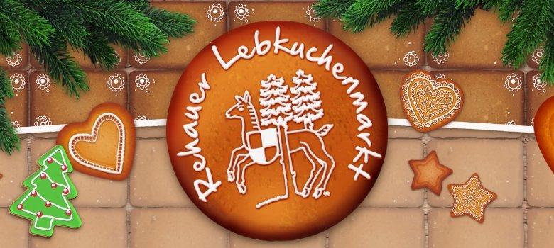 Die Grafik zeigt Lebkuchen. Mittig befindet sich ein runder Lebkuchen mit der Aufschrift "Rehauer Lebkuchenmarkt" und Teile des Rehauer Wappens.