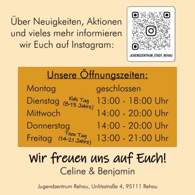 Das Bild zeigt die Rückseite des Flyers vom Jugendzentrum "The Base" mit den Öffnungszeiten.