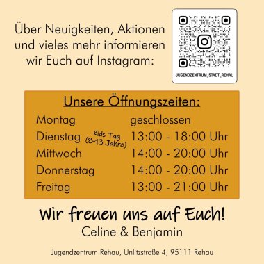 Das Bild zeigt die Rückseite des Flyers vom Jugendzentrum "The Base" mit den Öffnungszeiten.