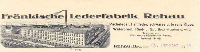 Das Bild zeigt den Briefkopf der Fränkischen Lederfabrik Rehau.