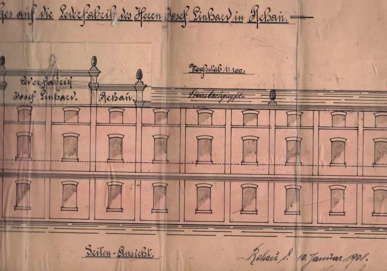 Das Bild zeigt einen alten Plan der Lederfabrik Josef Linhardt (Ausschnitt) im Maßstab 1:100.