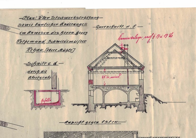 Das Bild zeigt den Plan einer Stockwerkserhöhung der oberen Mühle (Detail).