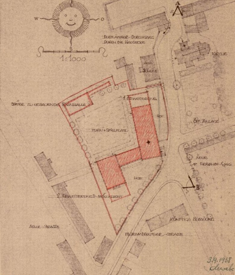 Das Bild zeigt eine Skizze von 1938 mit dem Lageplan des Schulhaus-Projekts.
