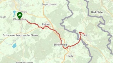 Das Bild zeigt eine Karte, auf welcher die Perlenroute in rot eingezeichnet ist.