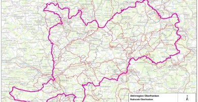 Die Grafik zeigt eine Karte, auf welcher die Radrunde Oberfranken eingezeichnet ist.