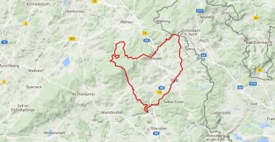 Die Grafik zeigt eine Karte, auf welcher eine Tour nach Selb und dem Kornberg eingezeichnet ist.